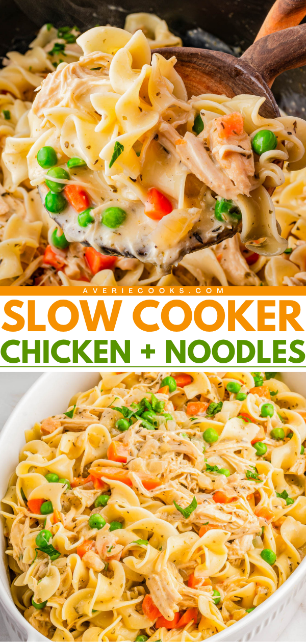 Close-up of creamy chicken and noodles with peas and carrots, served in a bowl and shown being spooned from a slow cooker.