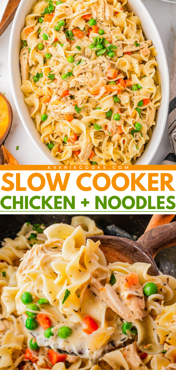 Oval dish filled with slow cooker chicken and noodles with peas and carrots; close-up of a wooden spoon lifting a portion.