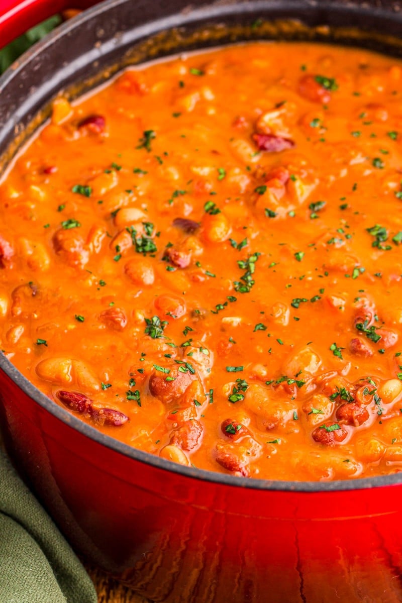 A red Dutch oven filled with bean soup garnished with fresh herbs.