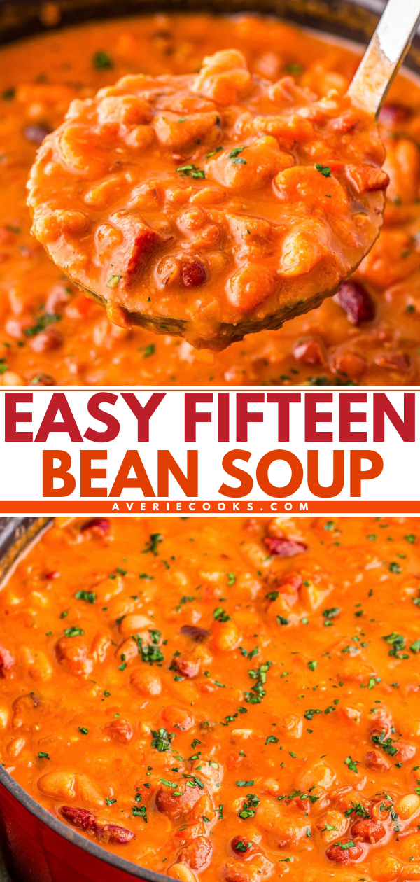 A ladle lifting fifteen bean soup, with the text “Easy Fifteen Bean Soup” overlaid in the center.