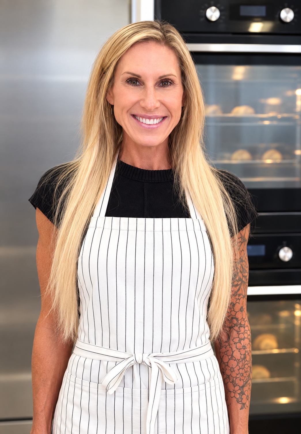 Averie smiling in a striped apron at a croissant class in Paris.