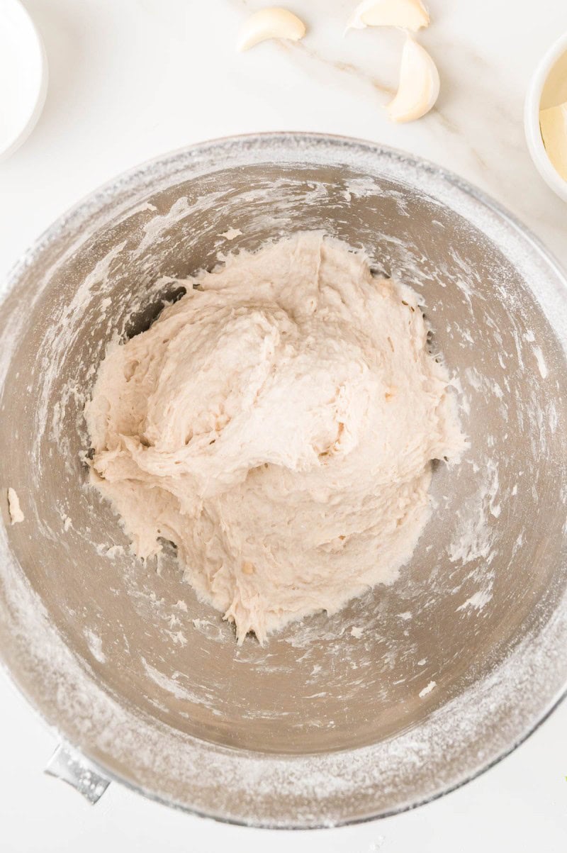 Dough in a metal mixing bowl with garlic cloves nearby.