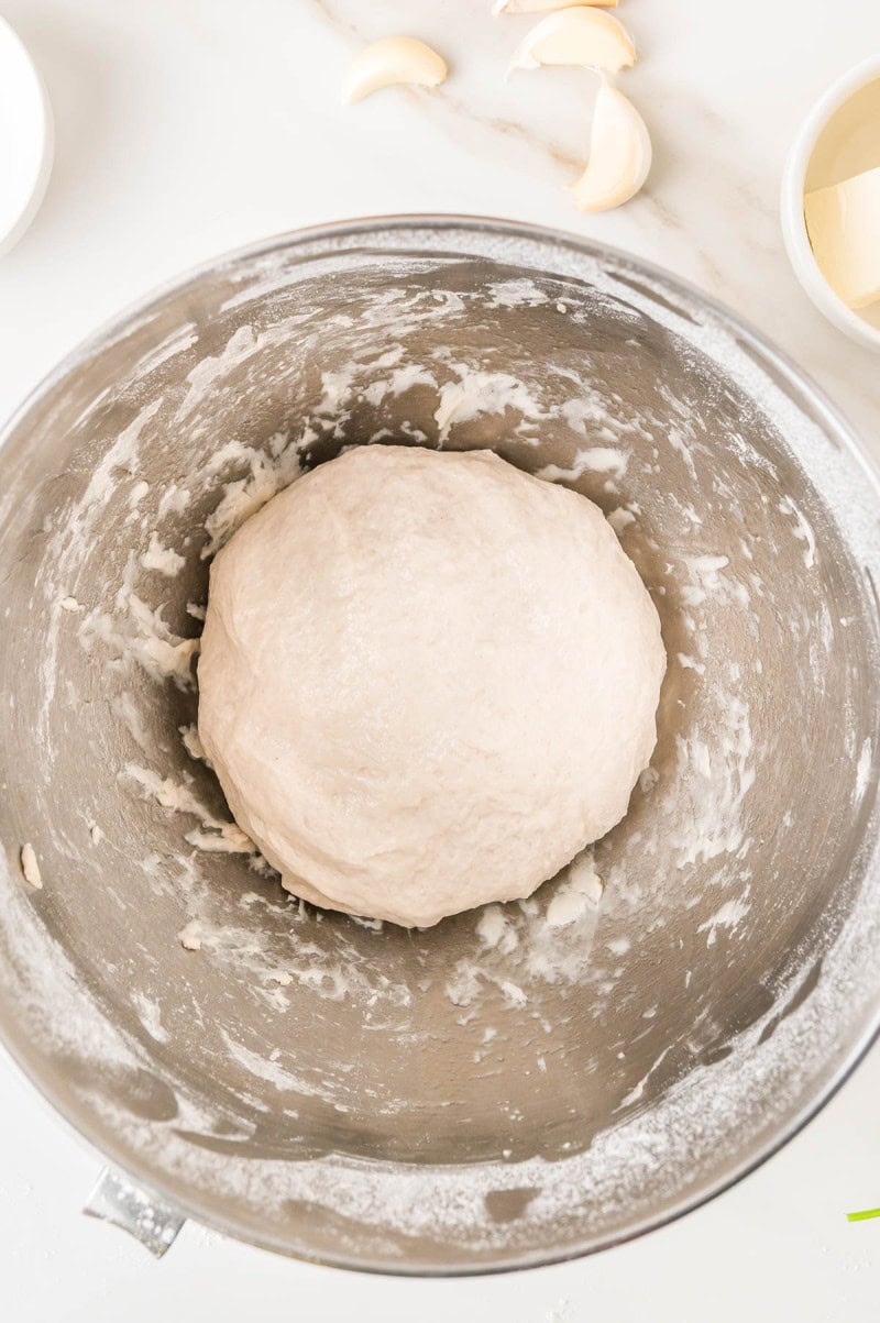 A ball of raw dough in a stainless steel mixing bowl, with garlic cloves and a dish of butter nearby.