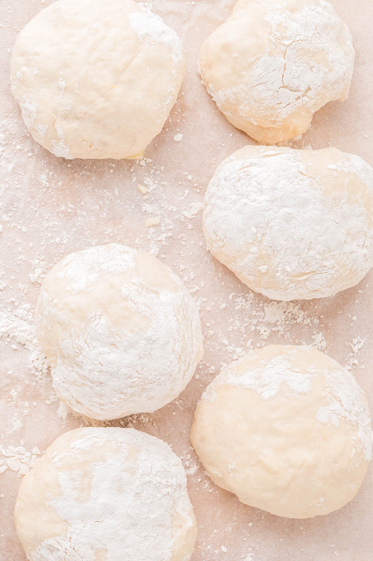 Five rounds of dough dusted with flour on parchment paper.