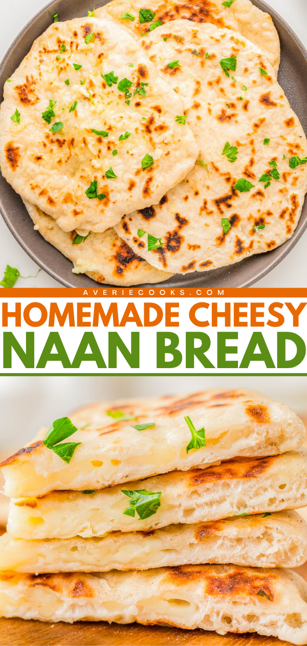 A plate of homemade garlic naan topped with parsley and a stack of naan showing a melted cheese filling.