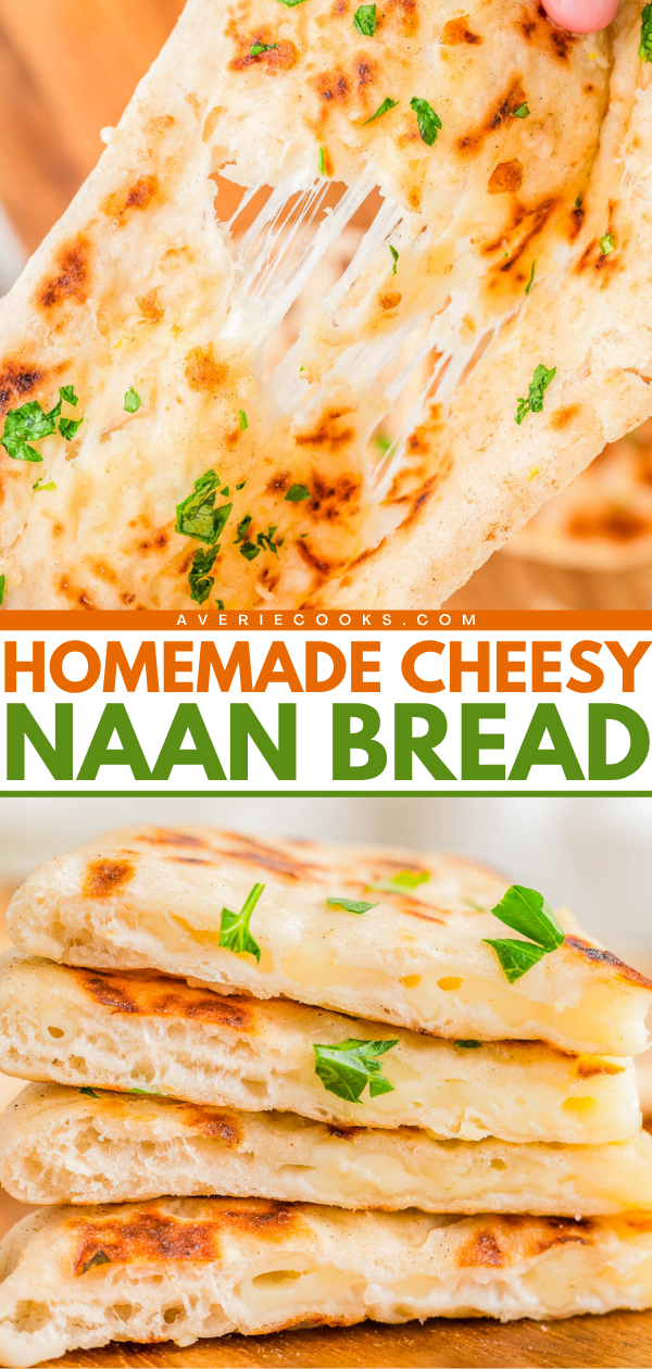A piece of cheesy naan being pulled apart with melting cheese strings, above a stack of sliced cheesy naan bread, with text reading “Homemade Cheesy Naan Bread.”