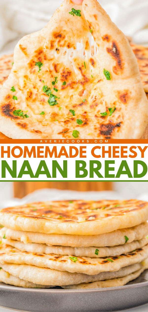 A stack of homemade cheesy naan bread topped with herbs, with one piece being pulled apart to show melted cheese.