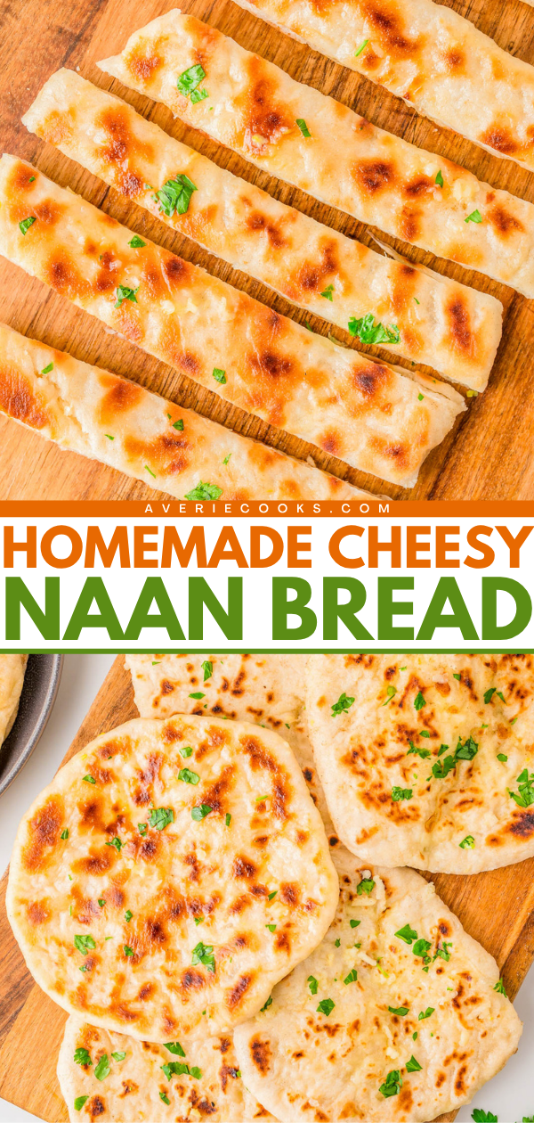 Strips of cheesy naan bread above a pile of round, garlic-topped naan bread on a wooden board, with the text “Homemade Cheesy Naan Bread.”