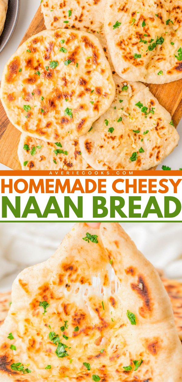 A wooden board topped with homemade cheesy naan bread garnished with parsley, including a close-up of a piece being pulled apart to show melted cheese.