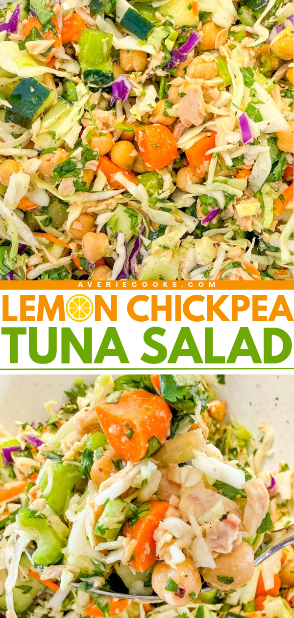 A split image showing a close-up of a lemon chickpea tuna salad with cabbage and vegetables, with text reading “Lemon Chickpea Tuna Salad.”