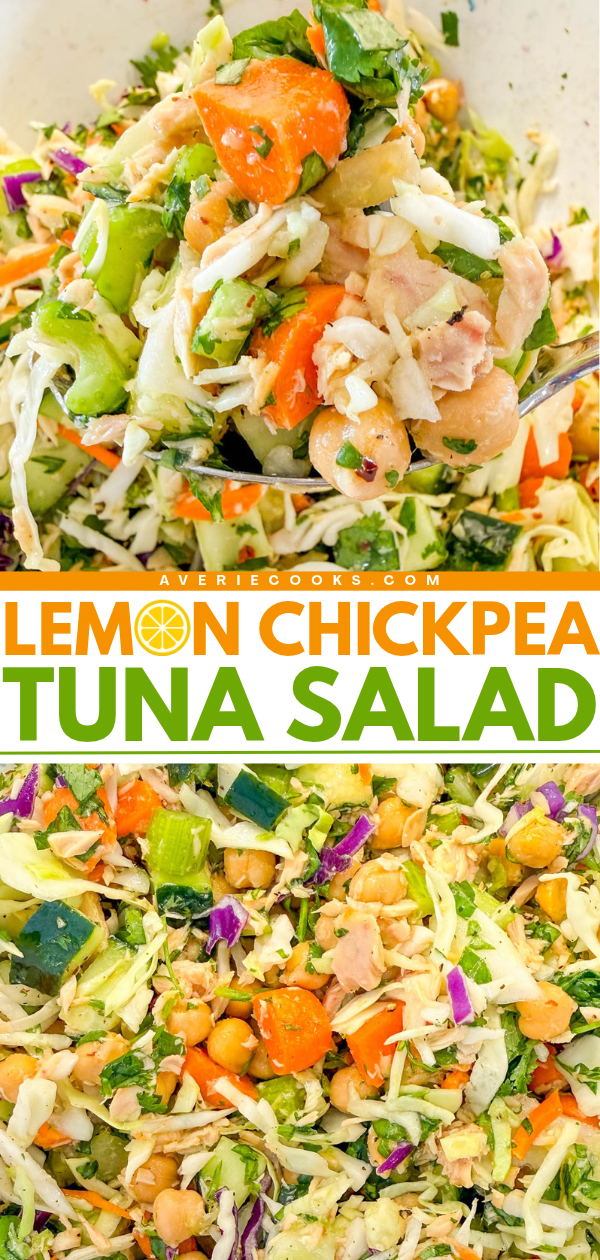 A serving spoon lifting lemon chickpea tuna salad, composed of chopped vegetables, tuna, and chickpeas, above a full bowl of the same salad.