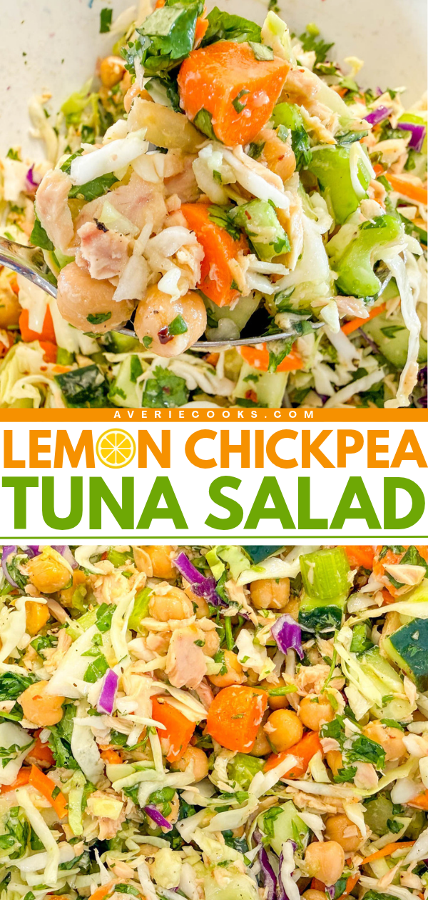 A spoonful of lemon chickpea tuna salad featuring diced carrots, celery, cabbage, and herbs.