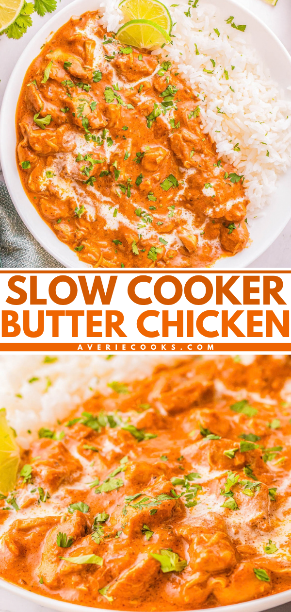 A bowl of butter chicken with white rice and a lime wedge, titled “Slow Cooker Butter Chicken” by Averie Cooks.